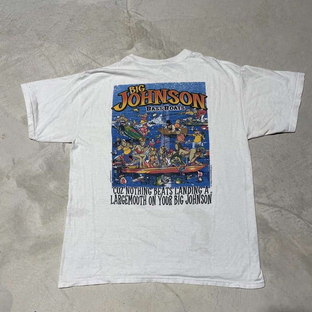VTG Y2K Big Johnson Bass Boats Funny Fishing Graphic T-Shirt Comic Cartoon SZ L